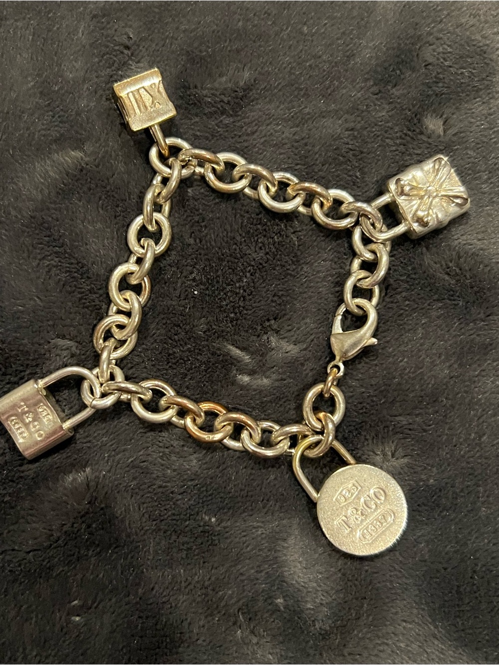 Tiffany & Co. Silver Link Charm Bracelet with Padlock and Round Tag